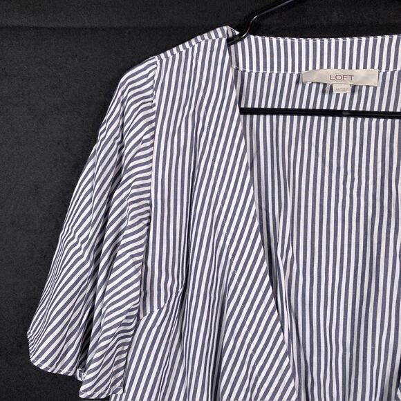 LOFT Womens Blouse Blue White Striped V Neck Wrap Front Tie 1/2 Sleeve Flowy XS - Picture 3 of 13